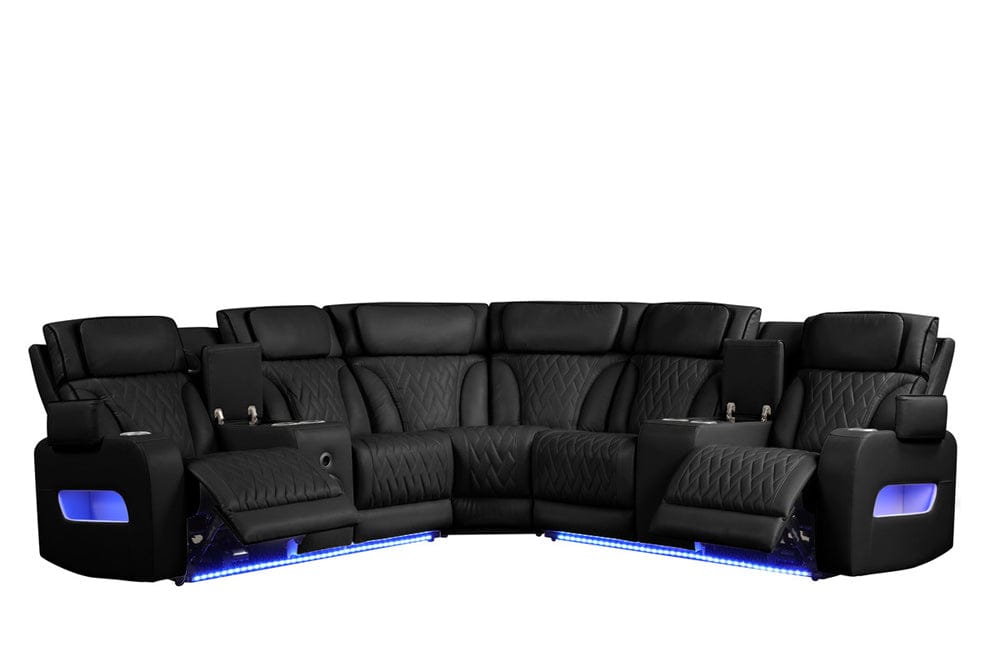 Lilola Home - Jazz 117"W Black Leather Aire Transformer Power Reclining Sectional Sofa with Power Headrest, Bluetooth Speakers, LED Lights, USB & USB-C Ports, Storage & Cupholders - 81642