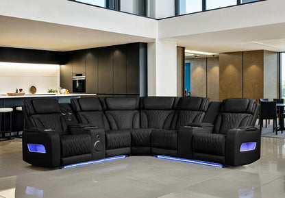 Lilola Home - Jazz 117"W Black Leather Aire Transformer Power Reclining Sectional Sofa with Power Headrest, Bluetooth Speakers, LED Lights, USB & USB-C Ports, Storage & Cupholders - 81642