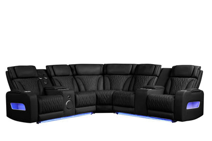 Lilola Home - Jazz 117"W Black Leather Aire Transformer Power Reclining Sectional Sofa with Power Headrest, Bluetooth Speakers, LED Lights, USB & USB-C Ports, Storage & Cupholders - 81642