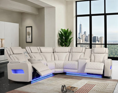 Lilola Home - Jazz 117"W Ice Leather Aire Transformer Power Reclining Sectional Sofa with Power Headrest, Bluetooth Speakers, LED Lights, USB & USB-C Ports, Storage & Cupholders - 81643