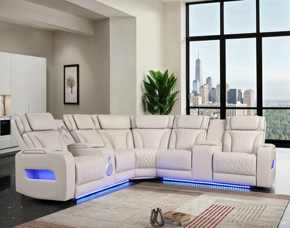 Lilola Home - Jazz 117"W Ice Leather Aire Transformer Power Reclining Sectional Sofa with Power Headrest, Bluetooth Speakers, LED Lights, USB & USB-C Ports, Storage & Cupholders - 81643