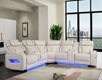 Lilola Home - Jazz 117"W Ice Leather Aire Transformer Power Reclining Sectional Sofa with Power Headrest, Bluetooth Speakers, LED Lights, USB & USB-C Ports, Storage & Cupholders - 81643