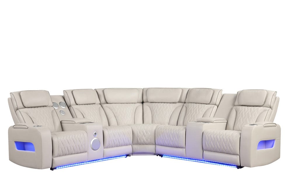 Lilola Home - Jazz 117"W Ice Leather Aire Transformer Power Reclining Sectional Sofa with Power Headrest, Bluetooth Speakers, LED Lights, USB & USB-C Ports, Storage & Cupholders - 81643