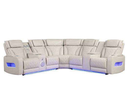 Lilola Home - Jazz 117"W Ice Leather Aire Transformer Power Reclining Sectional Sofa with Power Headrest, Bluetooth Speakers, LED Lights, USB & USB-C Ports, Storage & Cupholders - 81643