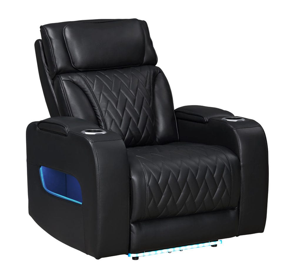 Lilola Home - Jazz 37"W Black Leather Aire Transformer Power Reclining Chair with Power Headrest, LED Lights, USB & USB-C Ports, Storage & Cupholders - 81640-C