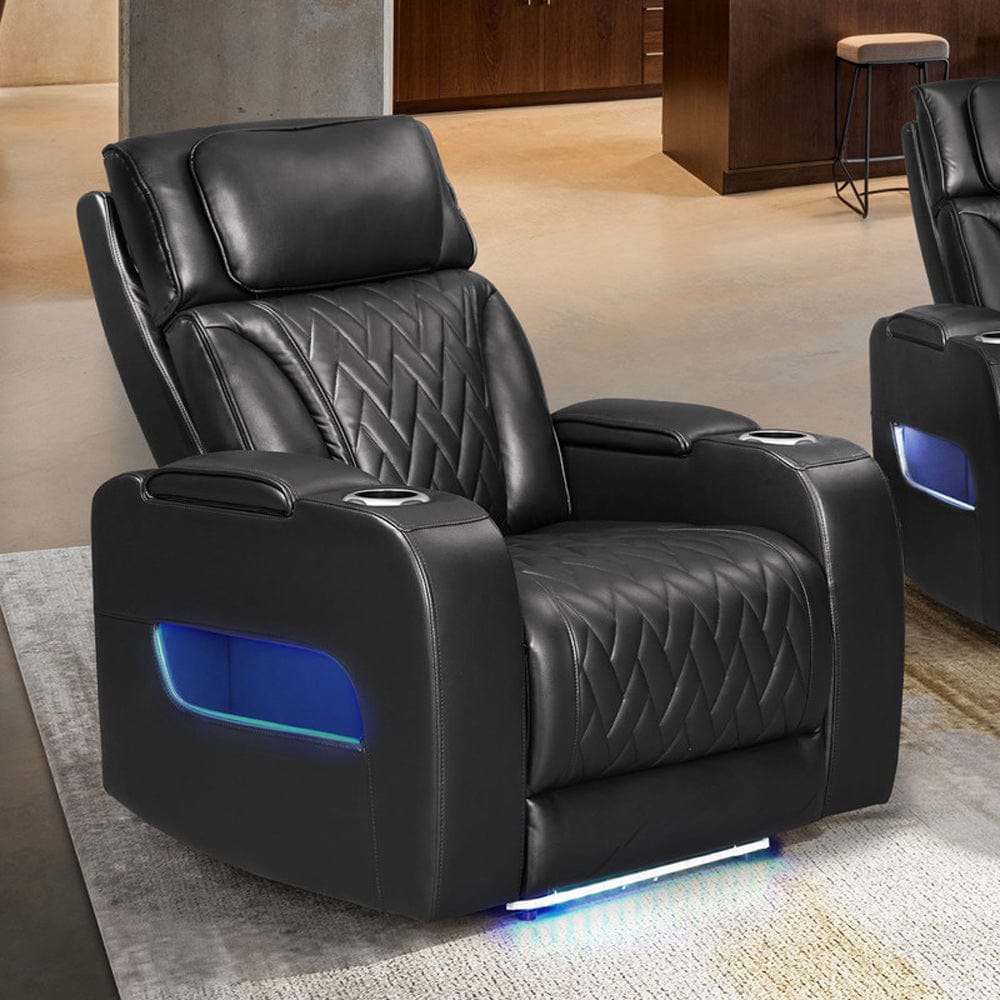 Lilola Home - Jazz 37"W Black Leather Aire Transformer Power Reclining Chair with Power Headrest, LED Lights, USB & USB-C Ports, Storage & Cupholders - 81640-C