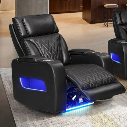 Lilola Home - Jazz 37"W Black Leather Aire Transformer Power Reclining Chair with Power Headrest, LED Lights, USB & USB-C Ports, Storage & Cupholders - 81640-C