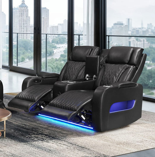 Lilola Home - Jazz 74"W Black Leather Aire Transformer Power Reclining Loveseat with Power Headrest, Bluetooth Speakers, LED Lights, USB & USB-C Ports, Storage & Cupholders - 81640-L view 1