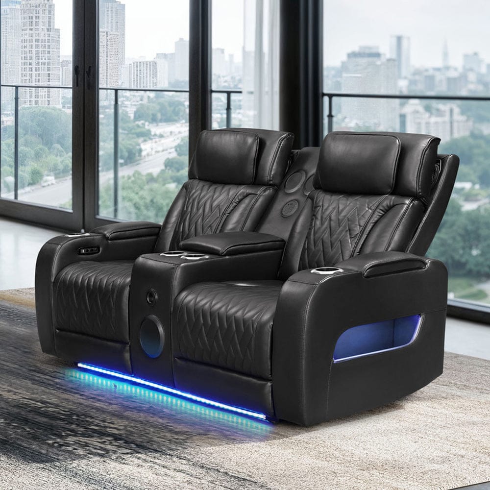 Lilola Home - Jazz 74"W Black Leather Aire Transformer Power Reclining Loveseat with Power Headrest, Bluetooth Speakers, LED Lights, USB & USB-C Ports, Storage & Cupholders - 81640-L view 3