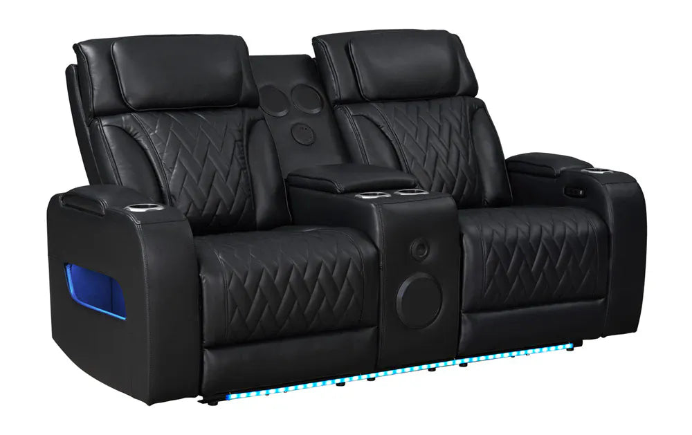 Lilola Home - Jazz 74"W Black Leather Aire Transformer Power Reclining Loveseat with Power Headrest, Bluetooth Speakers, LED Lights, USB & USB-C Ports, Storage & Cupholders - 81640-L view 4