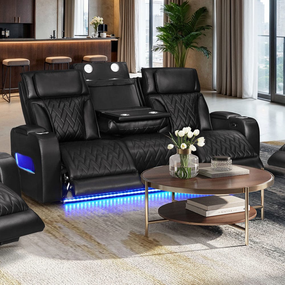 Lilola Home - Jazz 84"W Black Leather Aire Transformer Power Reclining Sofa with Power Headrest, LED Lights, Wireless Charging Drop-Down Table, USB & USB-C Ports, Storage & Cupholders - 81640-S view 4