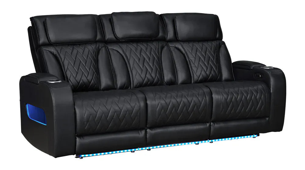Lilola Home - Jazz 84"W Black Leather Aire Transformer Power Reclining Sofa with Power Headrest, LED Lights, Wireless Charging Drop-Down Table, USB & USB-C Ports, Storage & Cupholders - 81640-S view 1