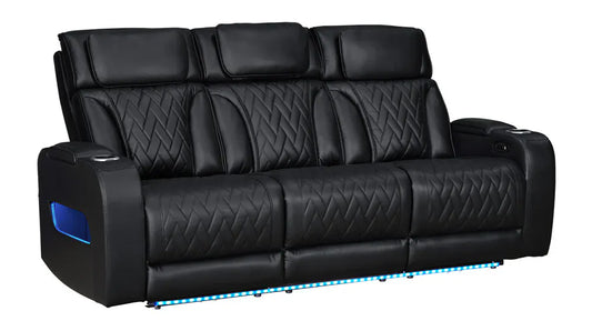 Lilola Home - Jazz 84"W Black Leather Aire Transformer Power Reclining Sofa with Power Headrest, LED Lights, Wireless Charging Drop-Down Table, USB & USB-C Ports, Storage & Cupholders - 81640-S view 1