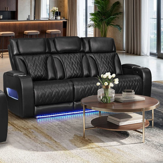 Lilola Home - Jazz 84"W Black Leather Aire Transformer Power Reclining Sofa with Power Headrest, LED Lights, Wireless Charging Drop-Down Table, USB & USB-C Ports, Storage & Cupholders - 81640-S view 3