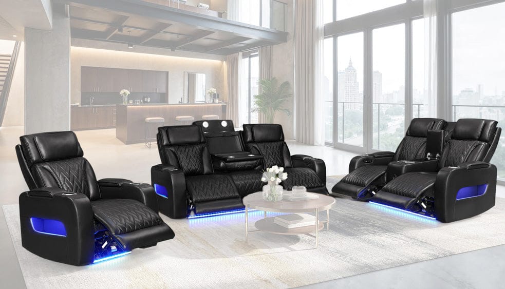 Lilola Home - Jazz Black Leather Aire Transformer Power Reclining Sofa, Loveseat & Chair Living Room Set with Power Headrest, Bluetooth Speakers, LED Lights, Wireless Charging Drop-Down Table, USB & USB-C Ports, Storage & Cupholders - 81640