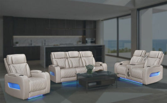 Lilola Home - Jazz Ice Leather Aire Transformer Power Reclining Sofa, Loveseat & Chair Living Room Set with Power Headrest, Bluetooth Speakers, LED Lights, Wireless Charging Drop-Down Table, USB & USB-C Ports, Storage & Cupholders - 81641