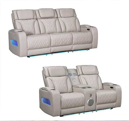 Lilola Home - Jazz Ice Leather Aire Transformer Power Reclining Sofa & Loveseat Living Room Set with Power Headrest, Bluetooth Speakers, LED Lights, Wireless Charging Drop-Down Table, USB & USB-C Ports, Storage & Cupholders - 81641-SL