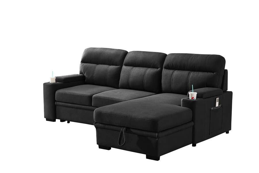 Lilola Home - Kaden Black Fabric Sleeper Sectional Sofa Chaise with Storage Arms and Cupholder - 89621 veiw 1