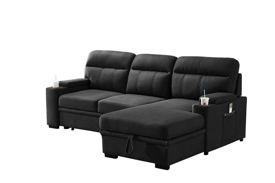 Lilola Home - Kaden Black Fabric Sleeper Sectional Sofa Chaise with Storage Arms and Cupholder - 89621 veiw 2