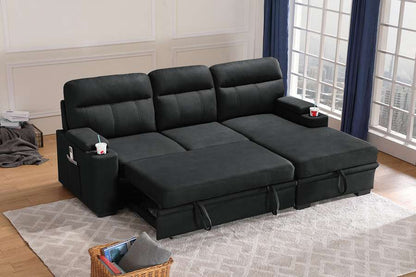 Lilola Home - Kaden Black Fabric Sleeper Sectional Sofa Chaise with Storage Arms and Cupholder - 89621 veiw 3