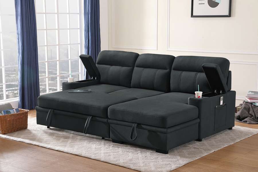Lilola Home - Kaden Black Fabric Sleeper Sectional Sofa Chaise with Storage Arms and Cupholder - 89621 veiw 4