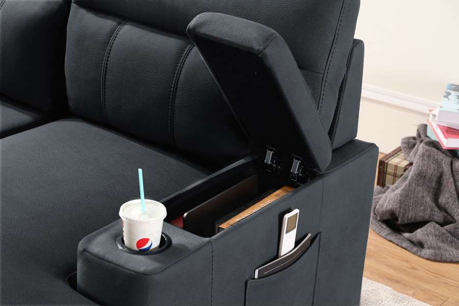 Lilola Home - Kaden Black Fabric Sleeper Sectional Sofa Chaise with Storage Arms and Cupholder - 89621 veiw 6