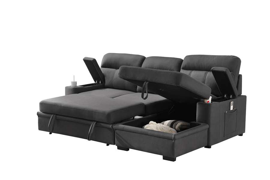 Lilola Home - Kaden Gray Fabric Sleeper Sectional Sofa Chaise with Storage Arms and Cupholder - 89620 veiw 2