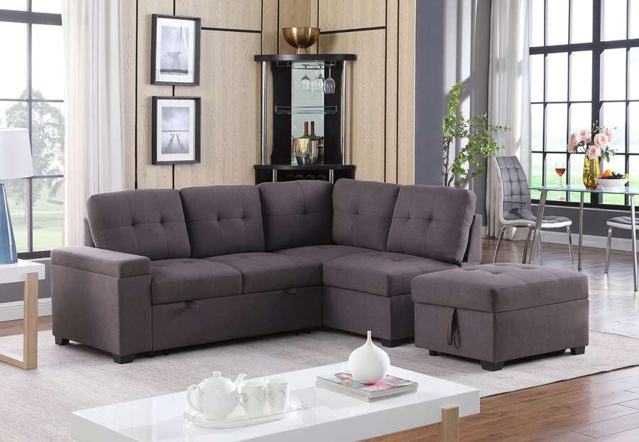 Lilola Home - Katie Brown Linen Sleeper Sectional Sofa with Storage Ottoman, Storage Arm - 89137 veiw 2