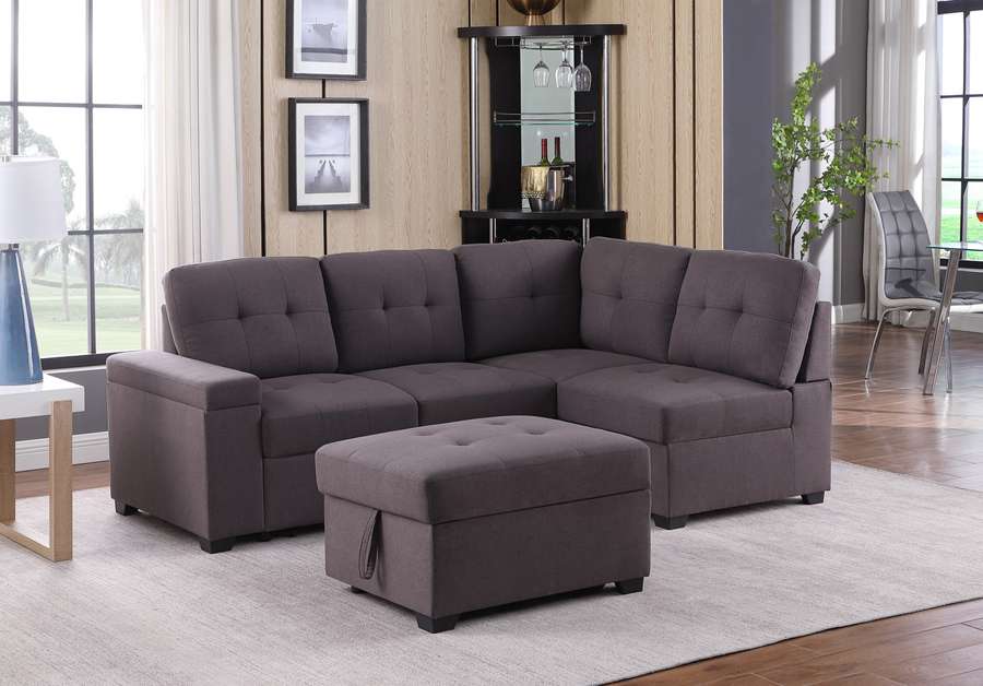 Lilola Home - Katie Brown Linen Sleeper Sectional Sofa with Storage Ottoman, Storage Arm - 89137 veiw 3