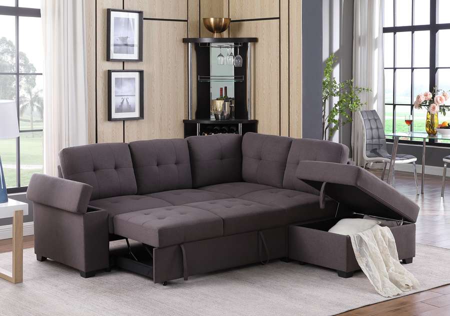 Lilola Home - Katie Brown Linen Sleeper Sectional Sofa with Storage Ottoman, Storage Arm - 89137 veiw 5