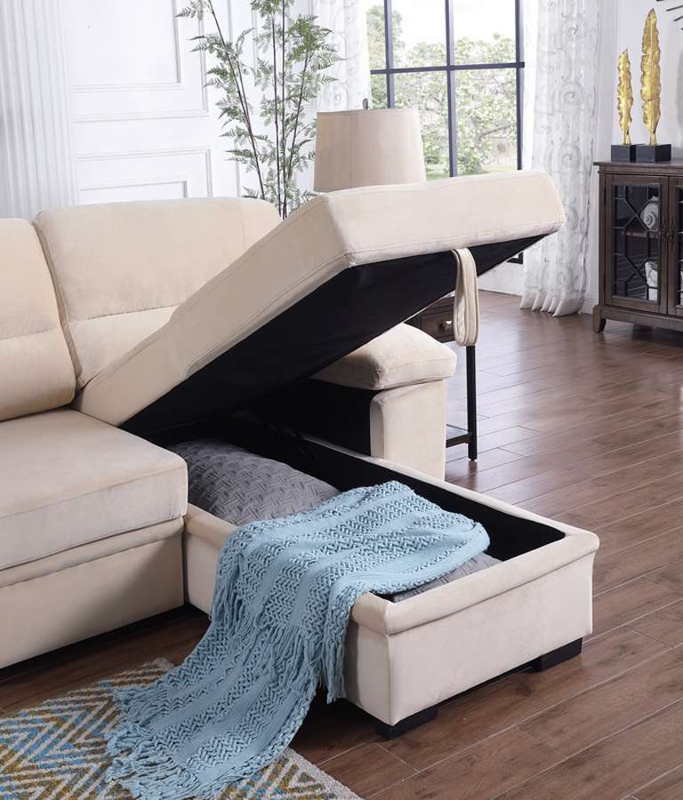 Lilola Home - Kipling Beige Velvet Fabric Reversible Sleeper Sectional Sofa Chaise - 87802BE veiw 3