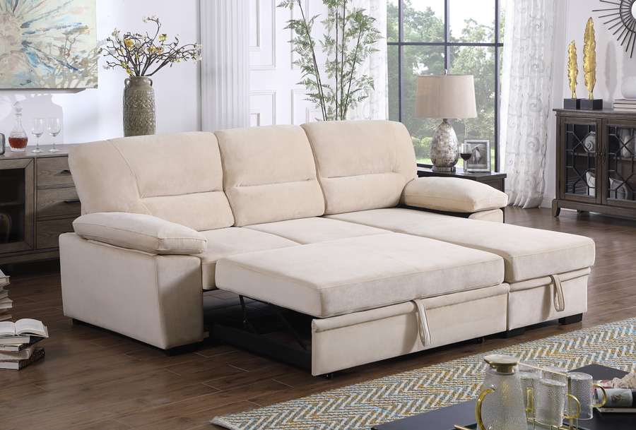 Lilola Home - Kipling Beige Velvet Fabric Reversible Sleeper Sectional Sofa Chaise - 87802BE veiw 4