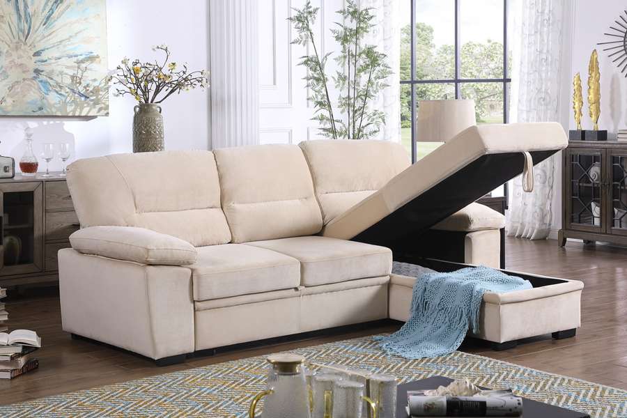 Lilola Home - Kipling Beige Velvet Fabric Reversible Sleeper Sectional Sofa Chaise - 87802BE veiw 5