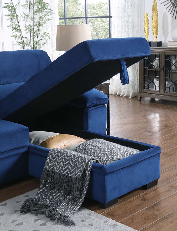 Lilola Home - Kipling Blue Velvet Fabric Reversible Sleeper Sectional Sofa Chaise - 87802BU veiw 3