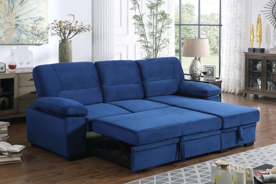 Lilola Home - Kipling Blue Velvet Fabric Reversible Sleeper Sectional Sofa Chaise - 87802BU veiw 4