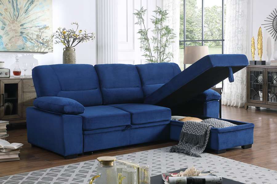 Lilola Home - Kipling Blue Velvet Fabric Reversible Sleeper Sectional Sofa Chaise - 87802BU veiw 5