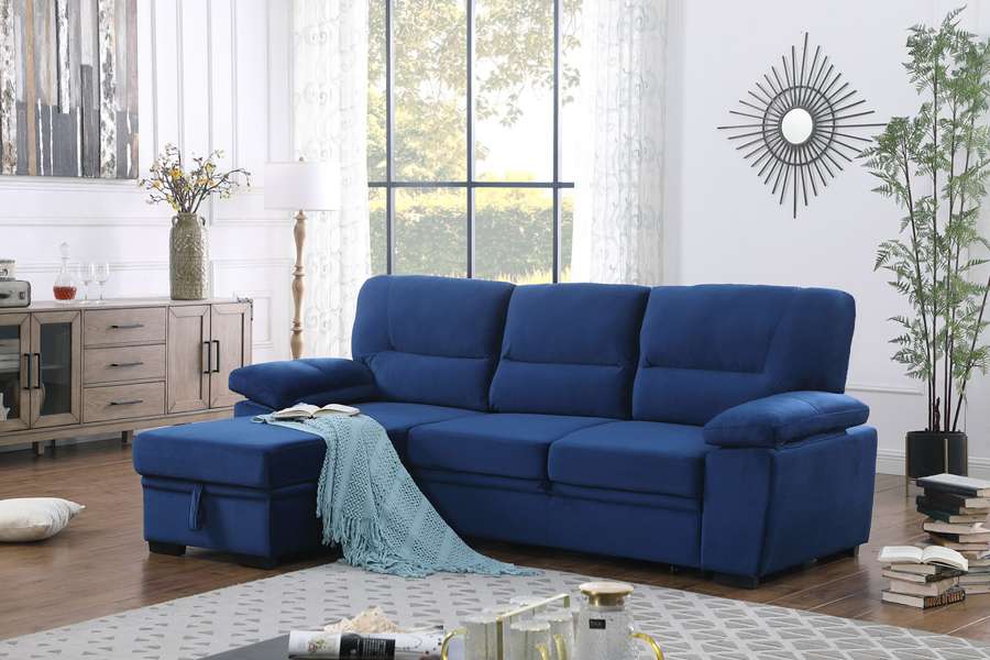 Lilola Home - Kipling Blue Velvet Fabric Reversible Sleeper Sectional Sofa Chaise - 87802BU veiw 6