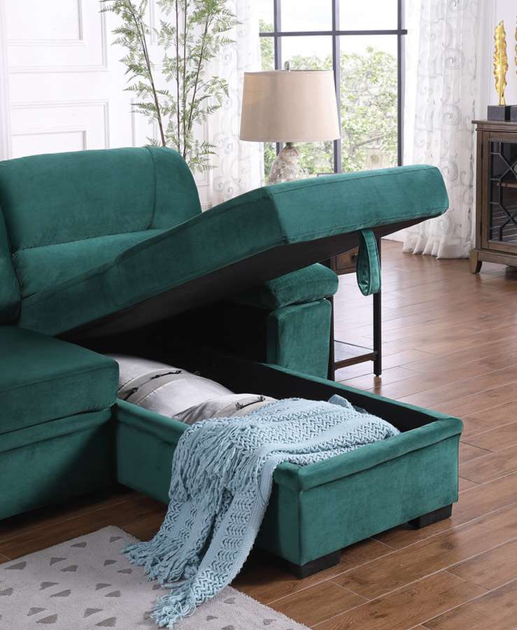 Lilola Home - Kipling Green Velvet Fabric Reversible Sleeper Sectional Sofa Chaise - 87802GN veiw 3