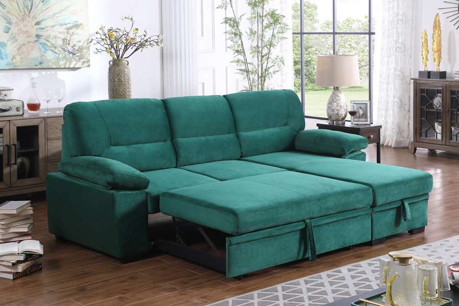 Lilola Home - Kipling Green Velvet Fabric Reversible Sleeper Sectional Sofa Chaise - 87802GN veiw 4