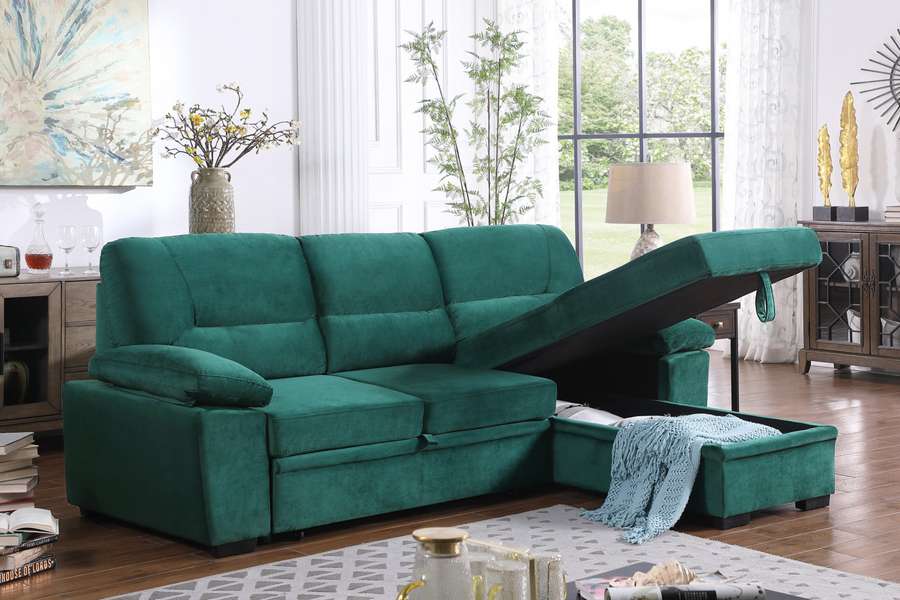 Lilola Home - Kipling Green Velvet Fabric Reversible Sleeper Sectional Sofa Chaise - 87802GN veiw 5