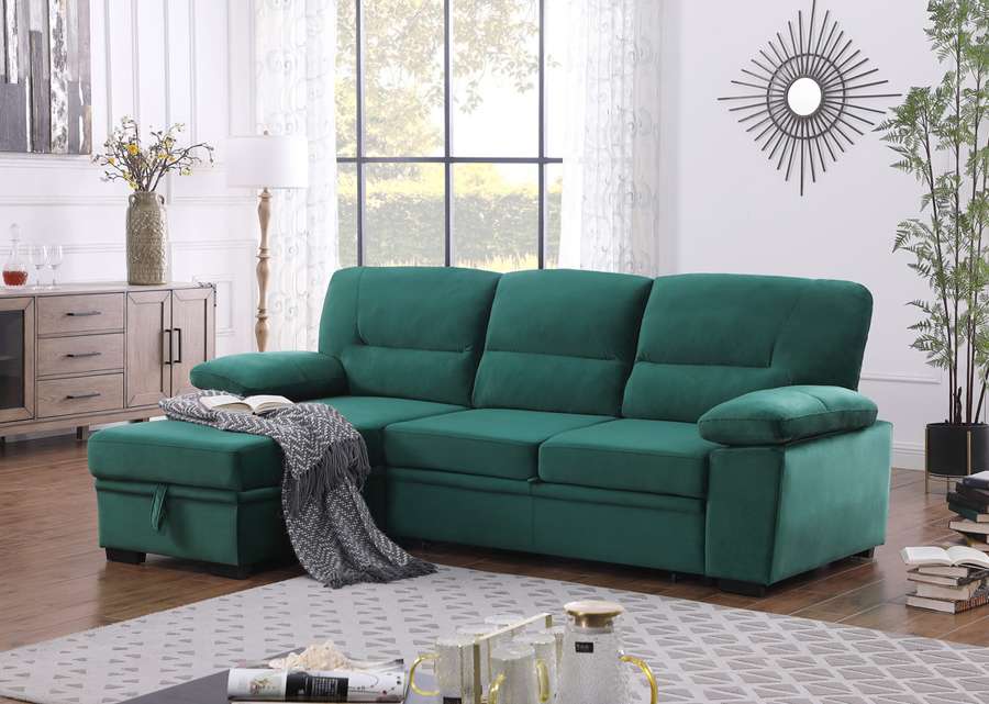 Lilola Home - Kipling Green Velvet Fabric Reversible Sleeper Sectional Sofa Chaise - 87802GN veiw 6