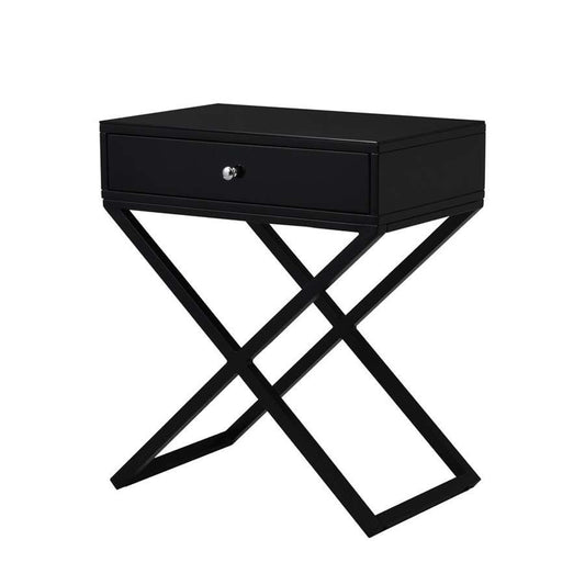 Lilola Home - Koda Black Wooden End Side Table Nightstand with Glass Top, Drawer and Metal Cross Base - 98002BK veiw 1
