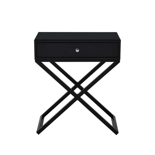 Lilola Home - Koda Black Wooden End Side Table Nightstand with Glass Top, Drawer and Metal Cross Base - 98002BK veiw 2