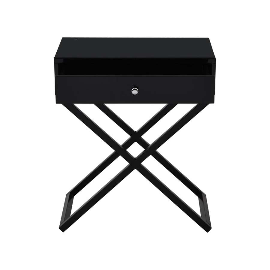 Lilola Home - Koda Black Wooden End Side Table Nightstand with Glass Top, Drawer and Metal Cross Base - 98002BK veiw 3
