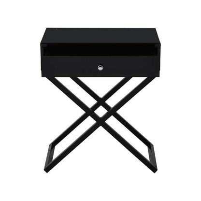Lilola Home - Koda Black Wooden End Side Table Nightstand with Glass Top, Drawer and Metal Cross Base - 98002BK veiw 3