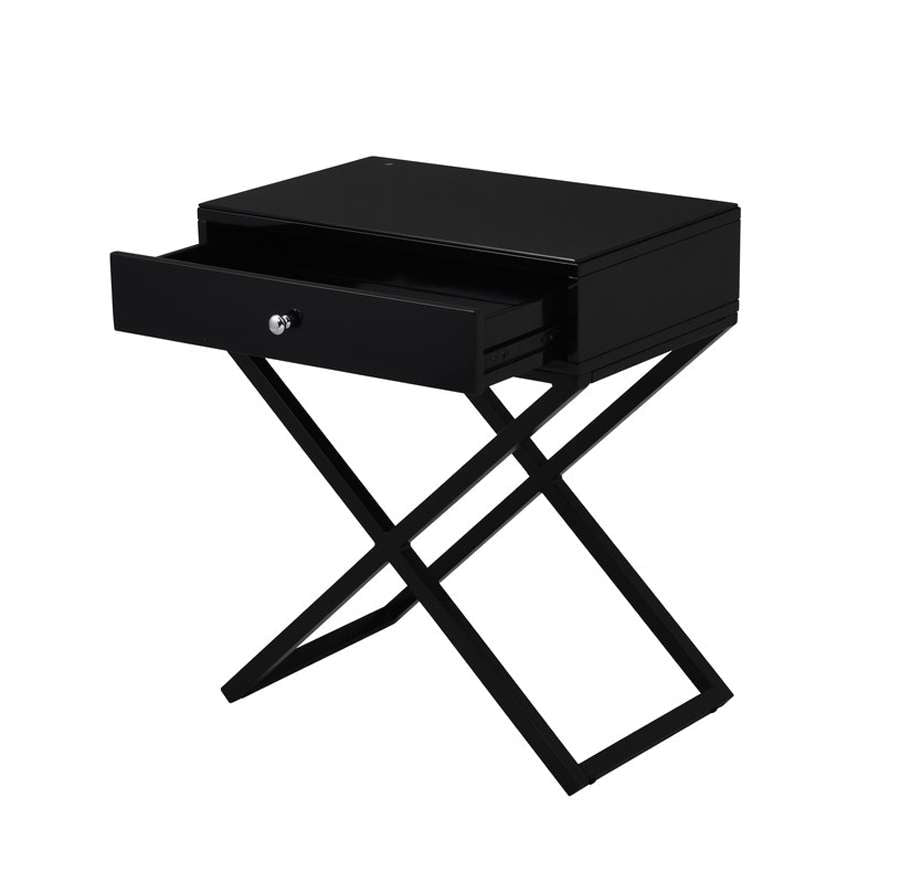 Lilola Home - Koda Black Wooden End Side Table Nightstand with Glass Top, Drawer and Metal Cross Base - 98002BK veiw 4
