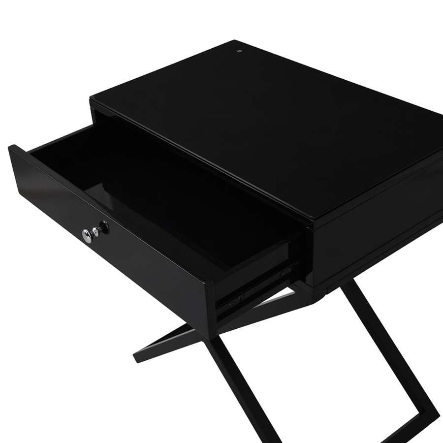 Lilola Home - Koda Black Wooden End Side Table Nightstand with Glass Top, Drawer and Metal Cross Base - 98002BK veiw 5