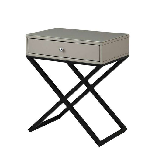 Lilola Home - Koda Taupe Wooden End Side Table Nightstand with Glass Top, Drawer and Metal Cross Base  - 98002TP veiw 1