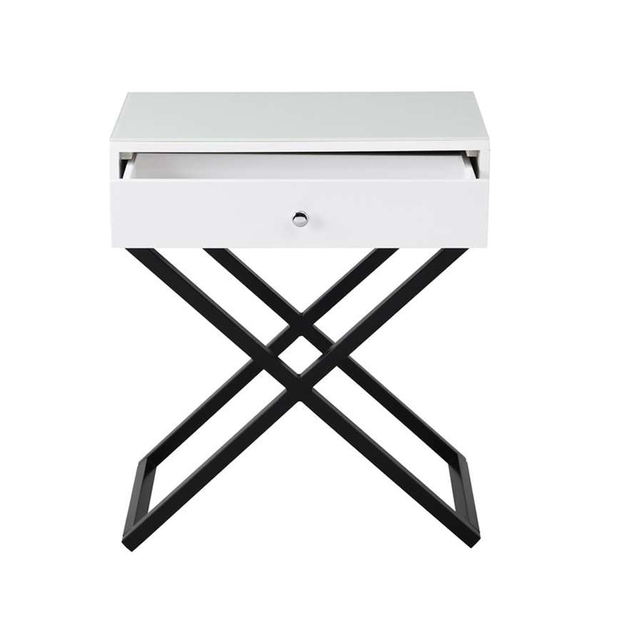 Lilola Home - Koda White Wooden End Side Table Nightstand with Glass Top, Drawer and Metal Cross Base - 98002WT veiw 3