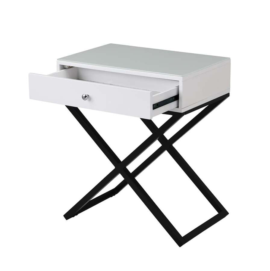 Lilola Home - Koda White Wooden End Side Table Nightstand with Glass Top, Drawer and Metal Cross Base - 98002WT veiw 4